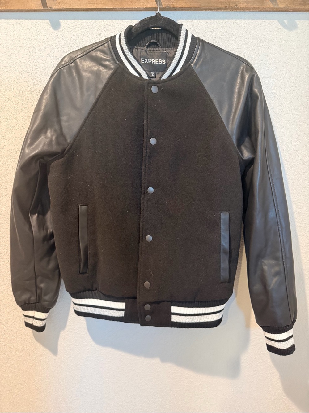 Express Black Varsity Bomber Jacket with Leather Sleeves